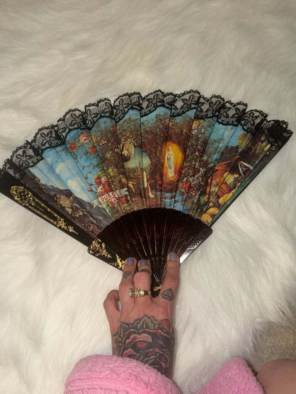Vintage Lourdes Religious Souvenir Folding Hand Fan with Lace Trim